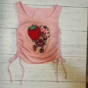 Strawberry Shortcake Graphic Tank Top | Pink Ruched Side Tie | Size Small | Y2K